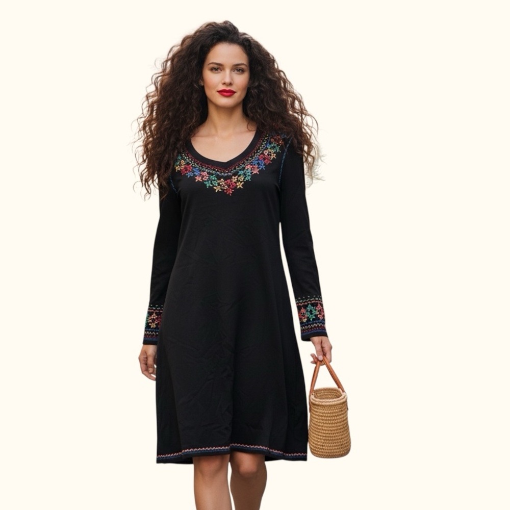 Double D Ranch Embroidered Long Sleeve Western Dress Black XS